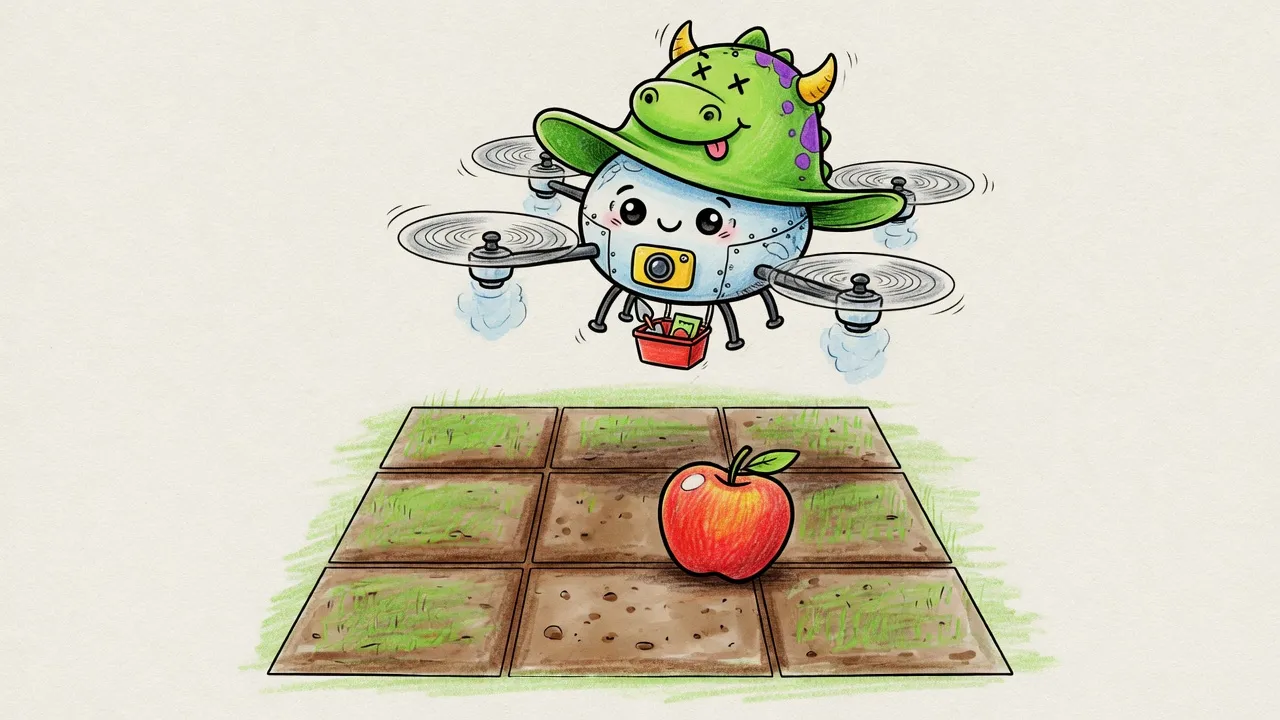 Hand-drawn cartoon of a drone in a dinosaur hat above a farm grid with one apple